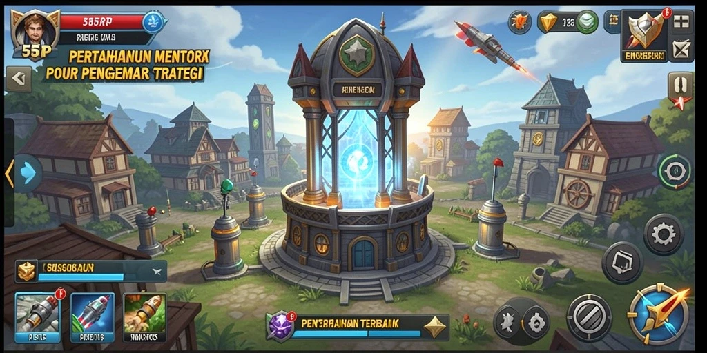 Screenshot gameplay 55RP menunjukkan pertahanan menara yang epik.