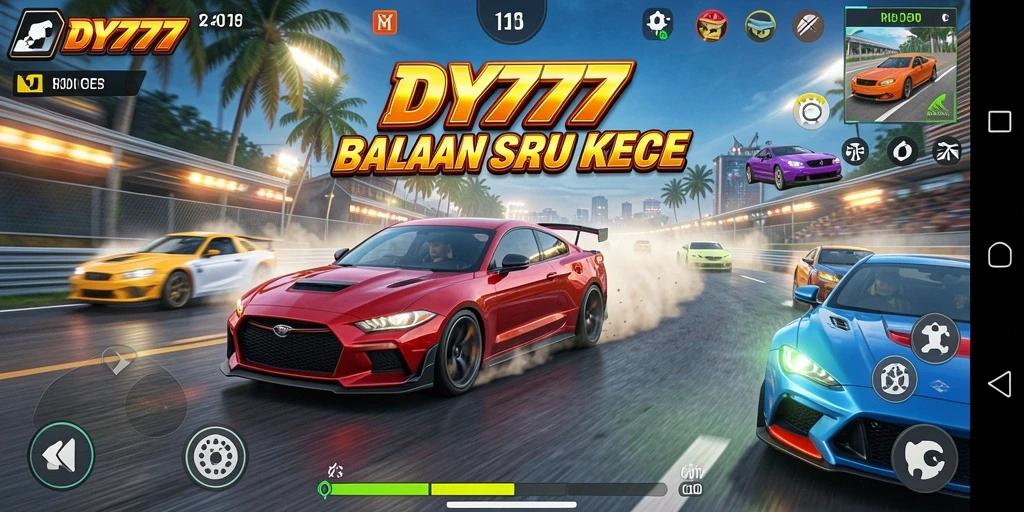 Gameplay seru DY777 yang penuh dengan balapan mendebarkan.