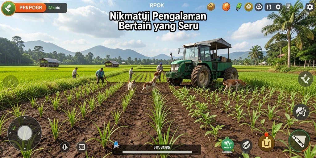 Screenshot gameplay RPOK menampilkan aktivitas bertani yang seru dan interaksi dengan hewan.